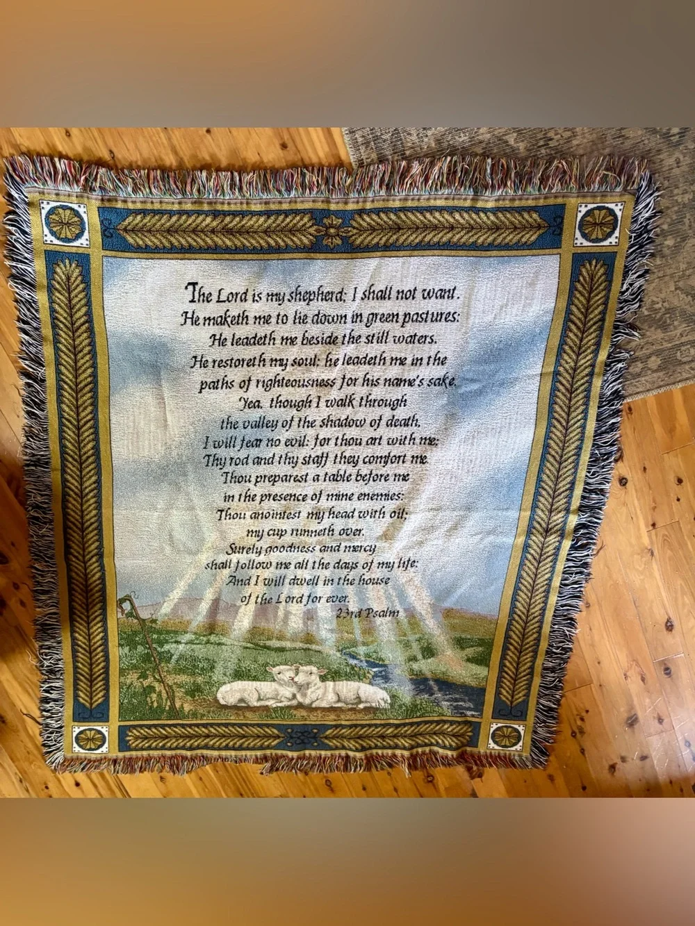 Heavenly Pasture 23rd Psalm Tapestry Afghan 50x60 Cotton Shepherd Sheep Motif